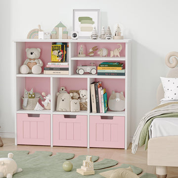 Étagère à jouets Garvee pour enfants avec 3 tiroirs, roulettes, MDF, rose, pour chambre et salle de jeux, polyvalente et sûre