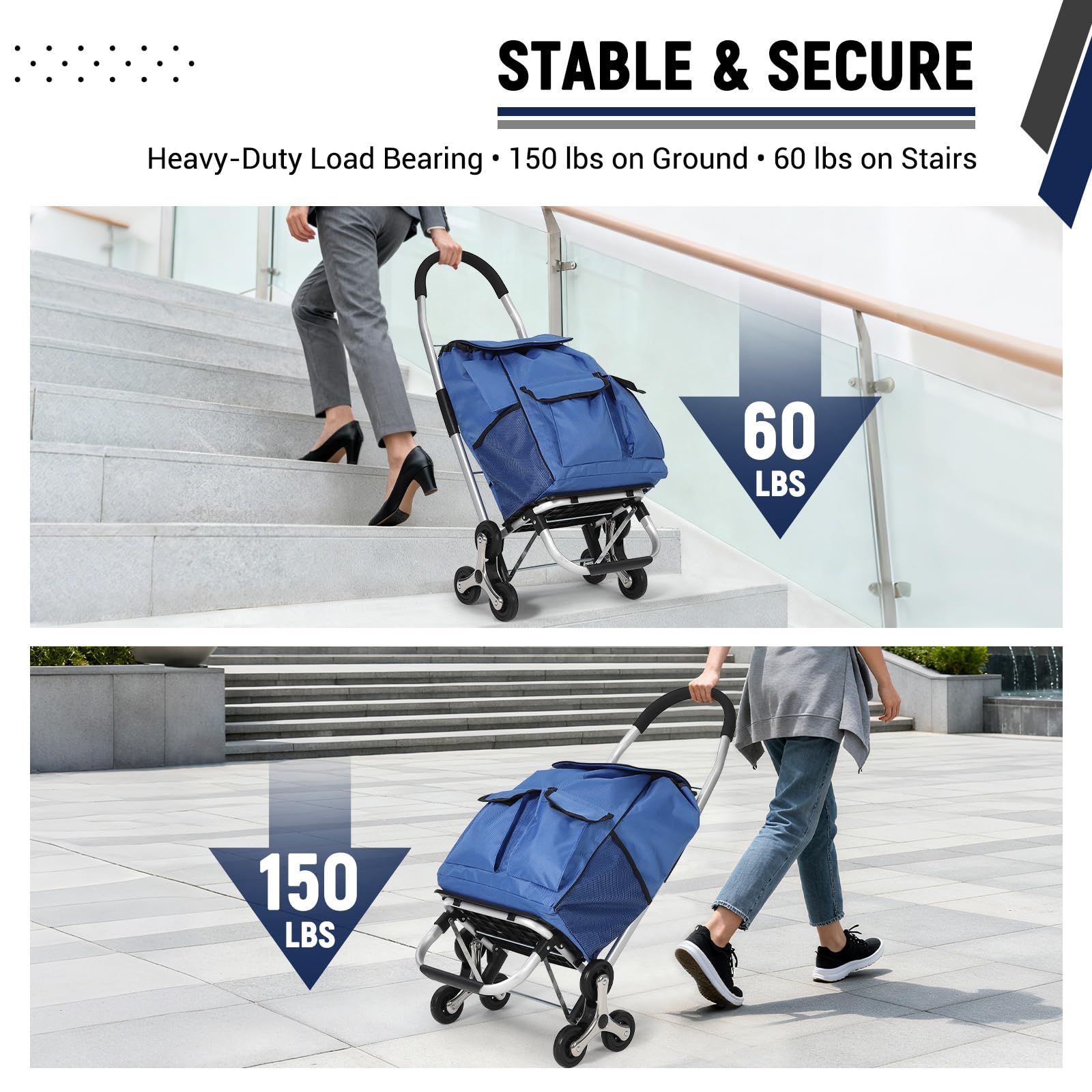 Chariot de courses pliable 3 en 1 Garvee avec monte-escalier à 6 roues, sac en tissu Oxford de 36 L, léger et ergonomique, idéal pour les courses et le jardin, capacité de charge de 80 kg, noir