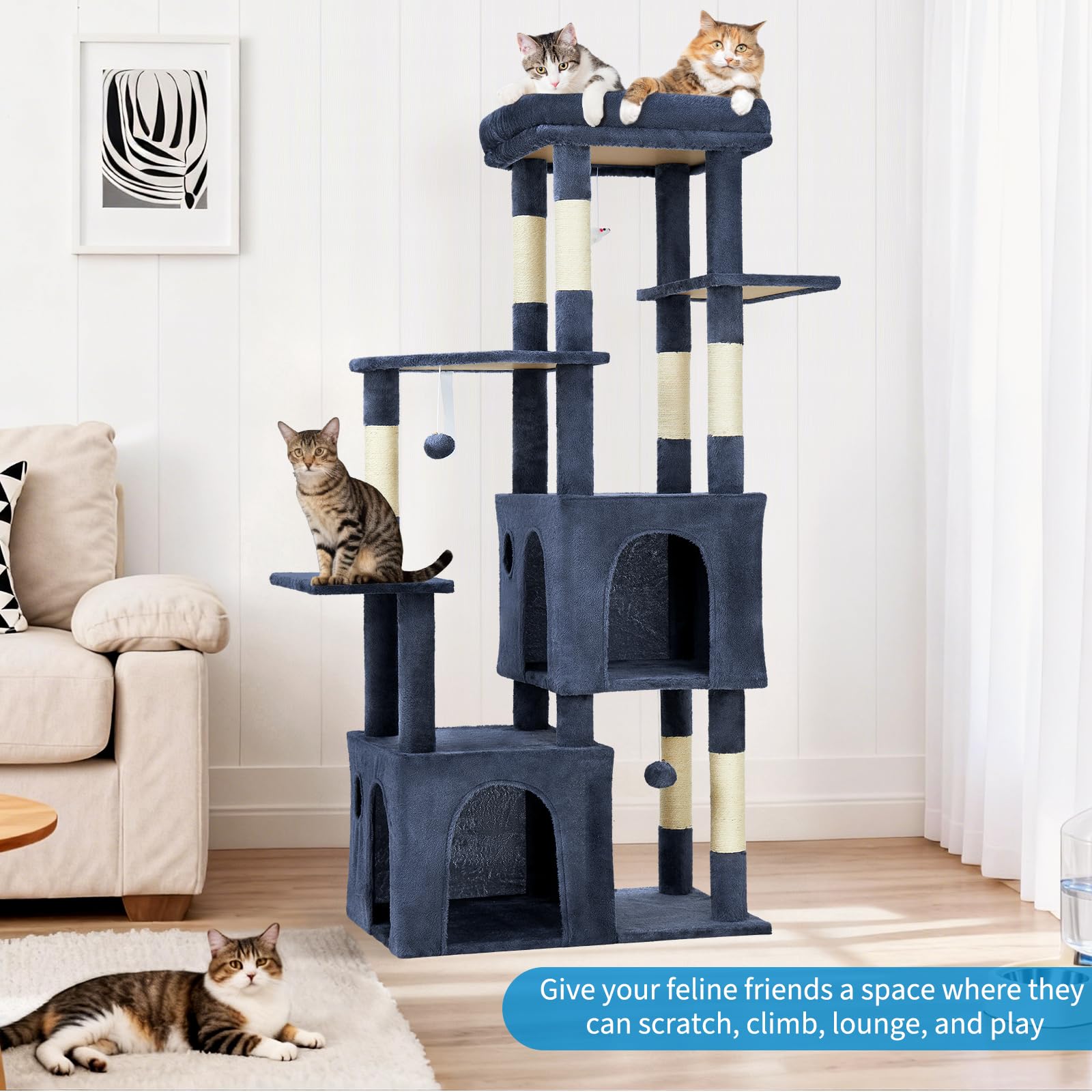 Garvee Arbre à Chat 155 cm Multi-Niveaux pour Grands Chats, Grande Plateforme, 2 Niches Spacieuses, Sisal Naturel, Jouets Suspendus, Intérieur