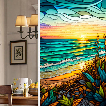 Film pour fenêtre en PVC Garvee, motif coucher de soleil sur la mer, 45 x 100 cm, coloré, non adhésif et réutilisable pour salon et bureau.
