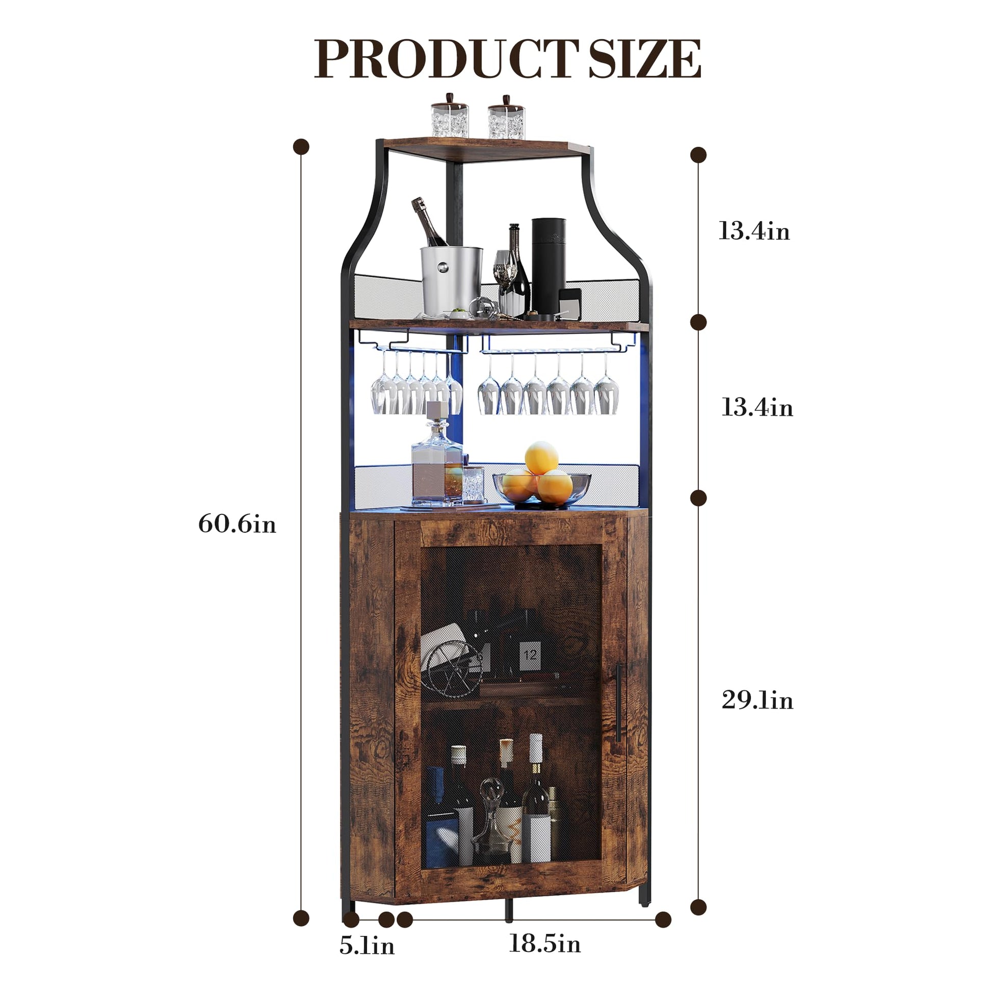 Garvee Meuble bar d'angle pour spiritueux avec étagères réglables, 155 cm, style industriel, MDF et métal, porte grillagée, porte-verres, autoportant, cuisine et salon