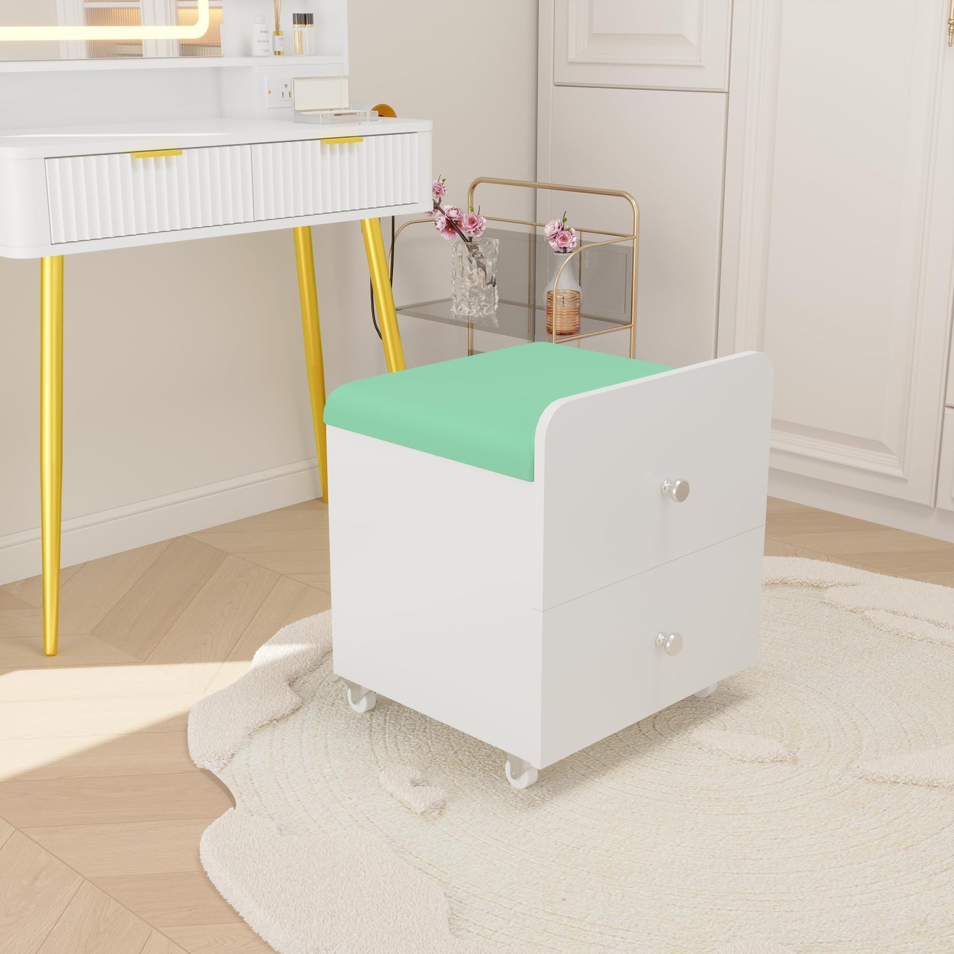 Tabouret de coiffeuse Garvee avec rangement, siège rembourré, tiroir, vert, pour chambre et salon