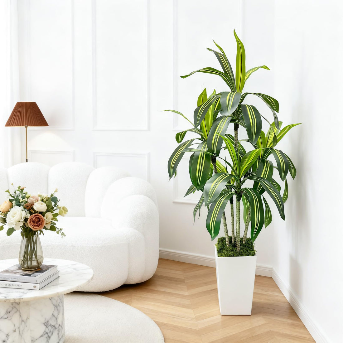 Arbre dragon artificiel Garvee 150 cm avec pot de fleurs blanc pour salon, balcon ou bureau, décoration tropicale verte