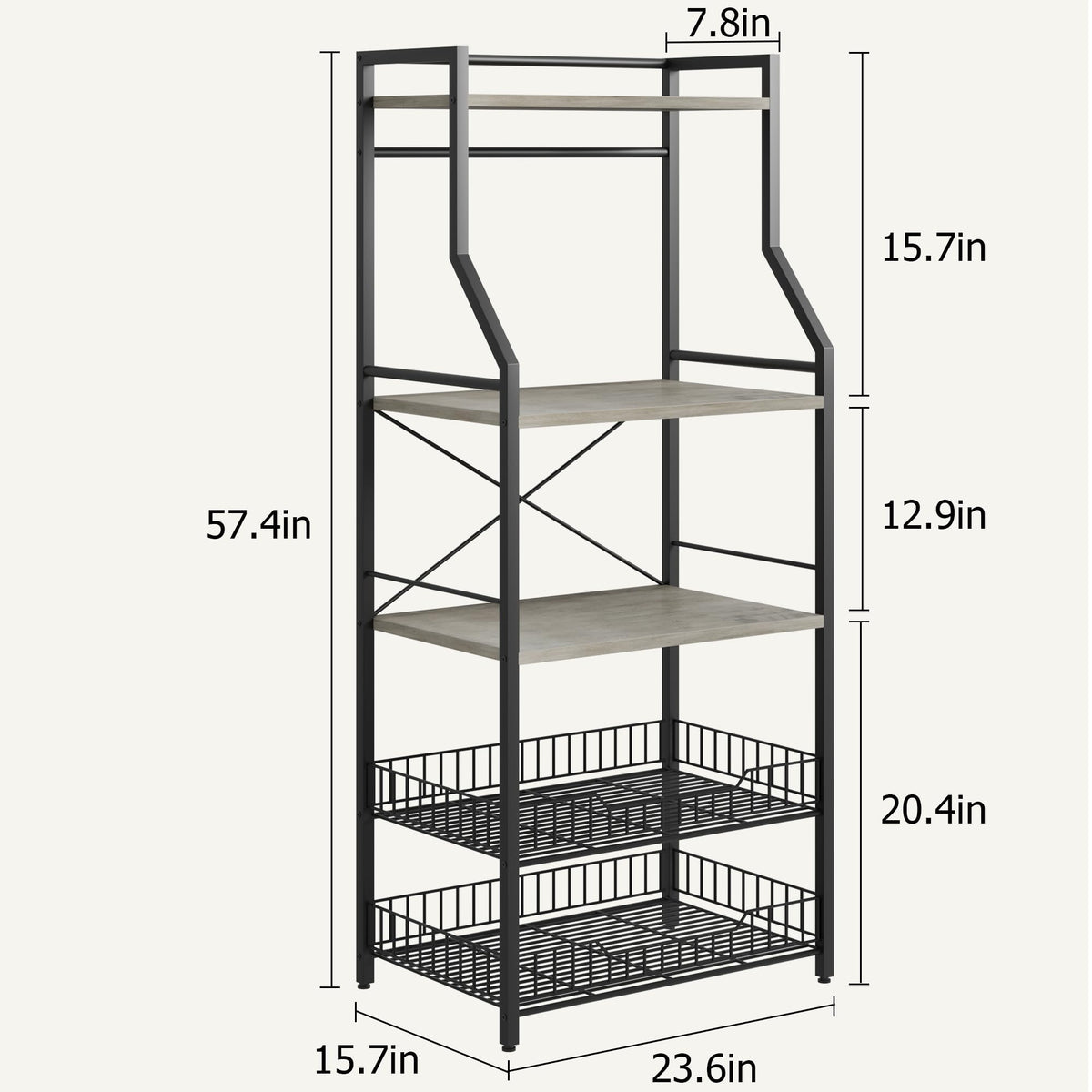 Étagère de cuisine Garvee à 5 niveaux, 2 paniers métalliques, support de bar à café de style industriel, MDF et acier, 8 crochets, gris rustique, multifonctionnelle pour la cuisine
