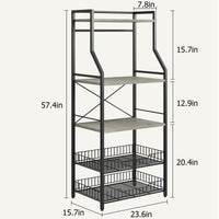 Étagère de cuisine Garvee à 5 niveaux, 2 paniers métalliques, support de bar à café de style industriel, MDF et acier, 8 crochets, gris rustique, multifonctionnelle pour la cuisine