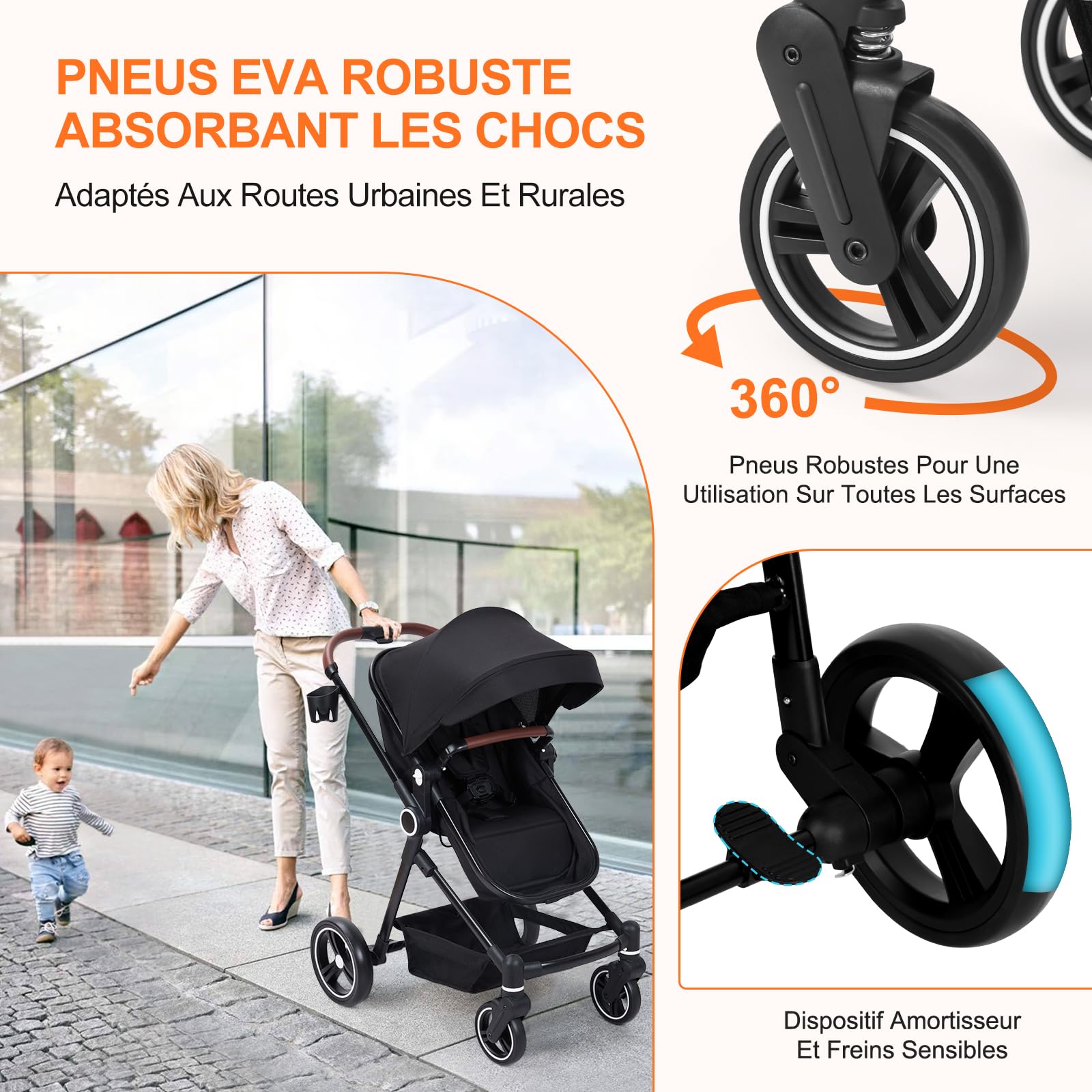 Garvee Poussette Bébé 2 en 1 S600, Assise Haute Vision, Système de Voyage Compact et Léger, Réversible, Pliable, Noir