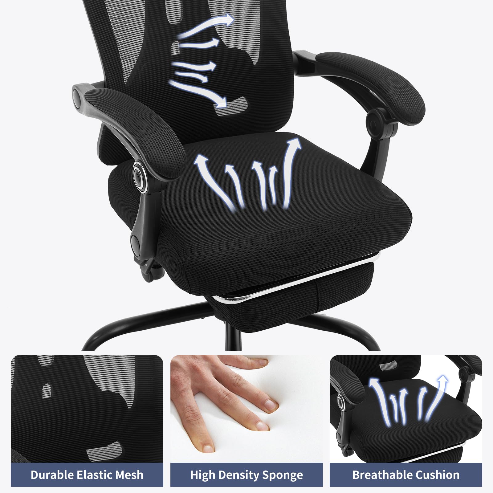 Chaise de bureau ergonomique Garvee avec soutien lombaire réglable, repose-pieds, maille respirante, idéale pour le bureau et le gaming, réglable, noire