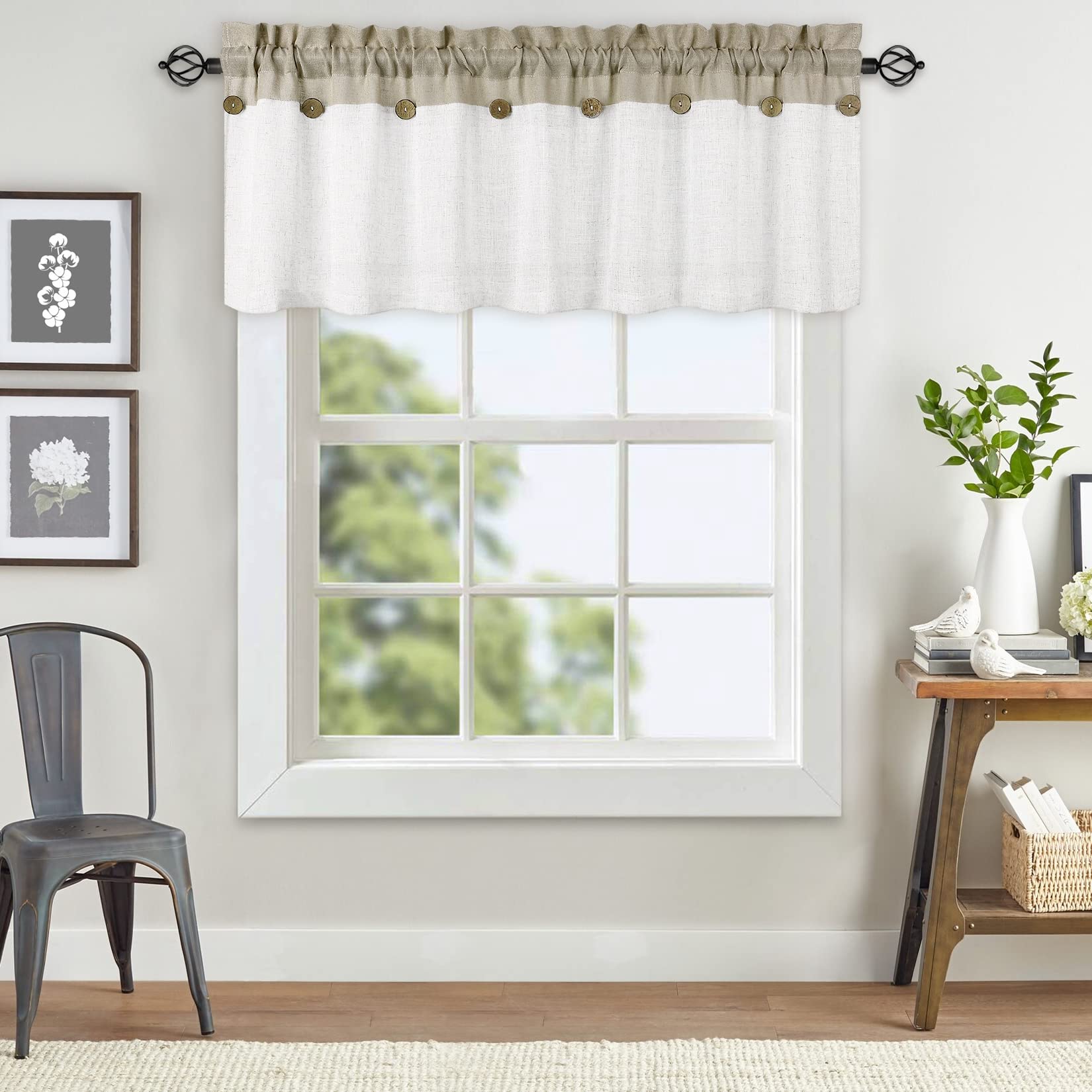 Rideau court patchwork Garvee Vitrage avec boutons décoratifs, semi-transparent, beige, 132 x 38 cm, pour cuisine