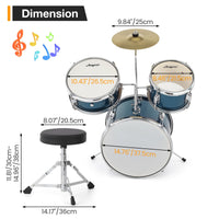 Batterie Garvee 3 pièces pour débutants avec grosse caisse de 14 pouces, tom de 10 pouces, bleue, en bois, tabouret inclus, idéale pour les enfants