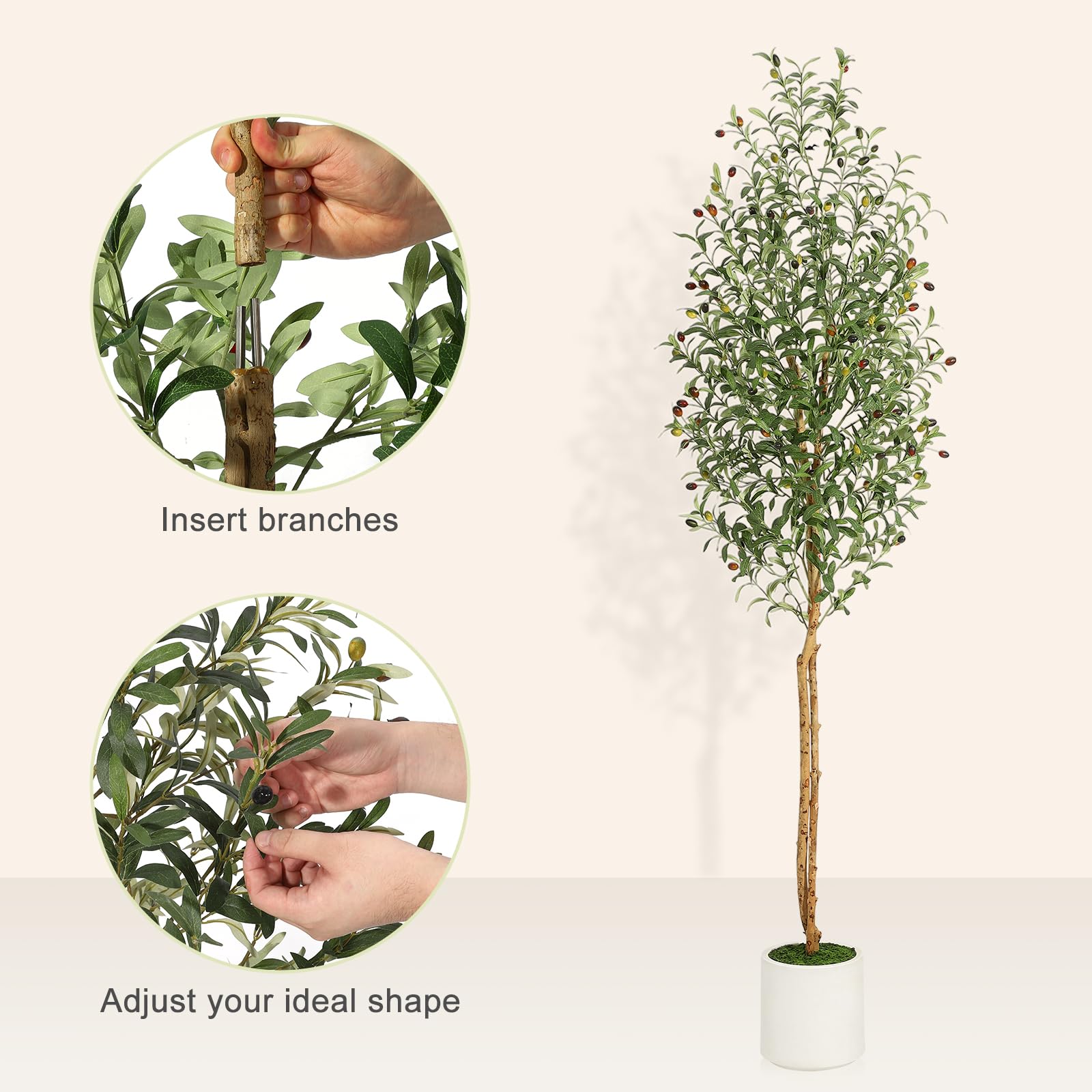 Olivier artificiel Garvee de 2,13 m (7 pi) avec 2 troncs en bois, 1152 feuilles en soie, pot en ciment blanc, décoration de salon, branches ajustables, vert réaliste