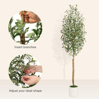 Olivier artificiel Garvee de 2,13 m (7 pi) avec 2 troncs en bois, 1152 feuilles en soie, pot en ciment blanc, décoration de salon, branches ajustables, vert réaliste