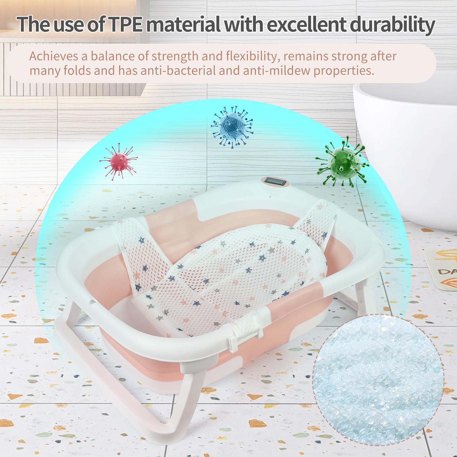 Baignoire bébé GARVEE, pliable et peu encombrante, avec thermomètre et tapis antidérapant pour nouveau-nés et jeunes enfants, rose