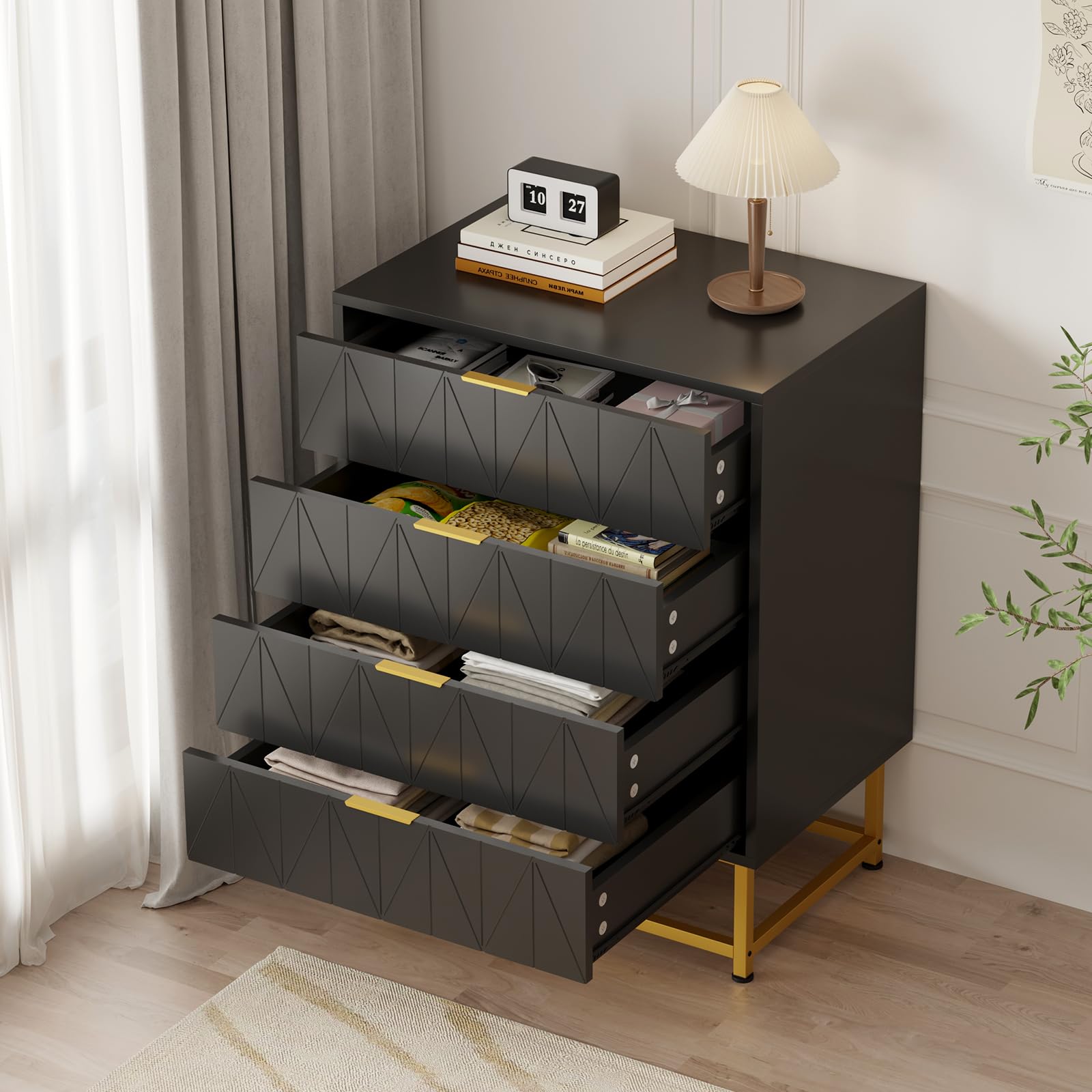 Garvee commode à 4 tiroirs avec pieds en métal pour le salon et la chambre, 81 cm, tiroirs en tissu