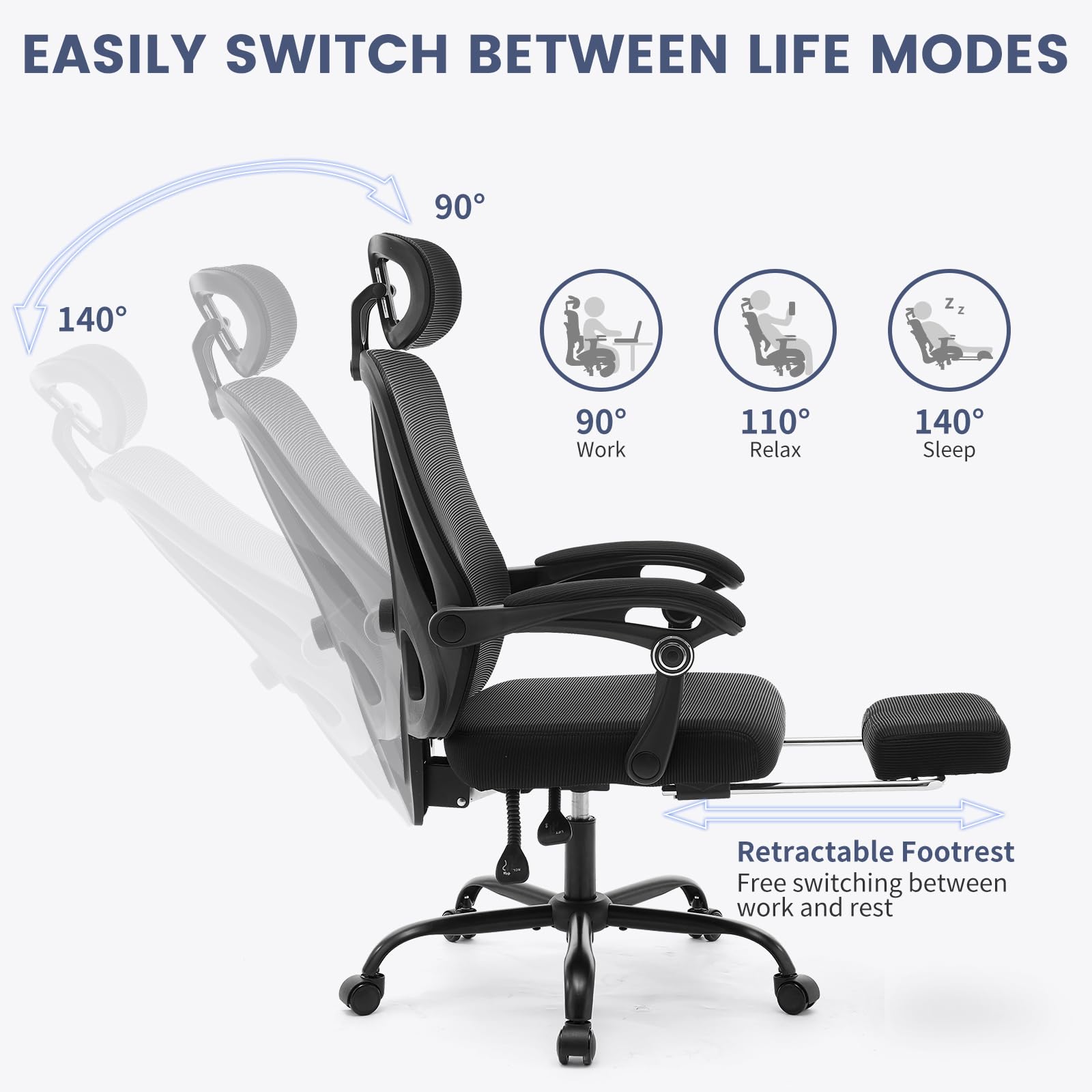 Chaise de bureau ergonomique Garvee avec soutien lombaire réglable, repose-pieds, maille respirante, idéale pour le bureau et le gaming, réglable, noire