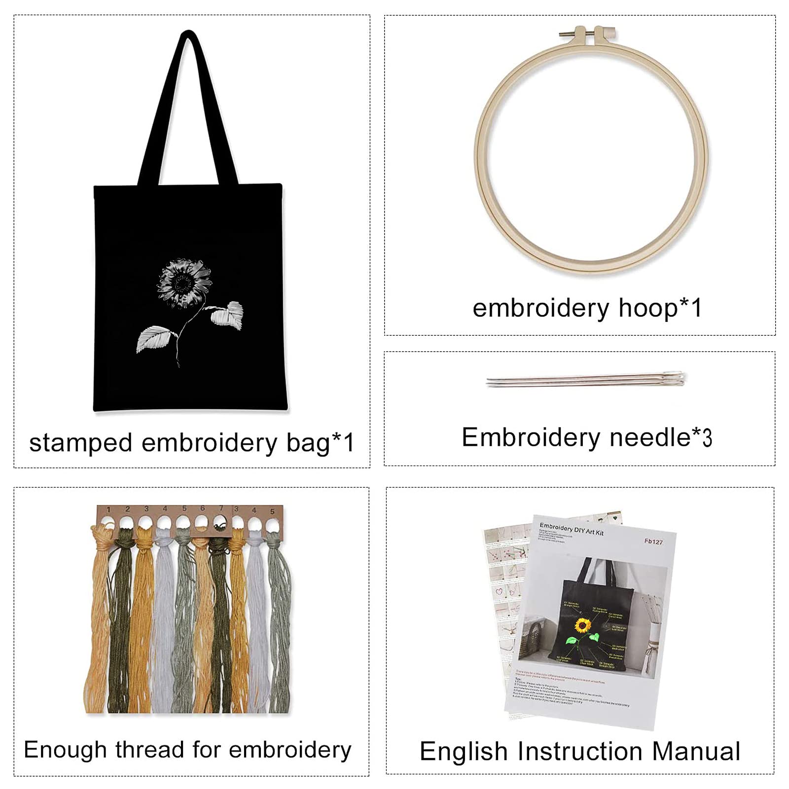 Kit de broderie Garvee pour débutants : sac fourre-tout à motif floral, loisirs créatifs, coton, ensemble complet, idée cadeau.