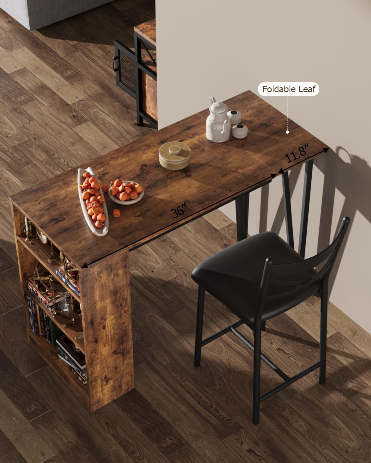 Ensemble table et chaises de bar Garvee 3 pièces, pliable, avec espace de rangement, en acier et bois, coussins ergonomiques, marron, idéal pour les petites cuisines.