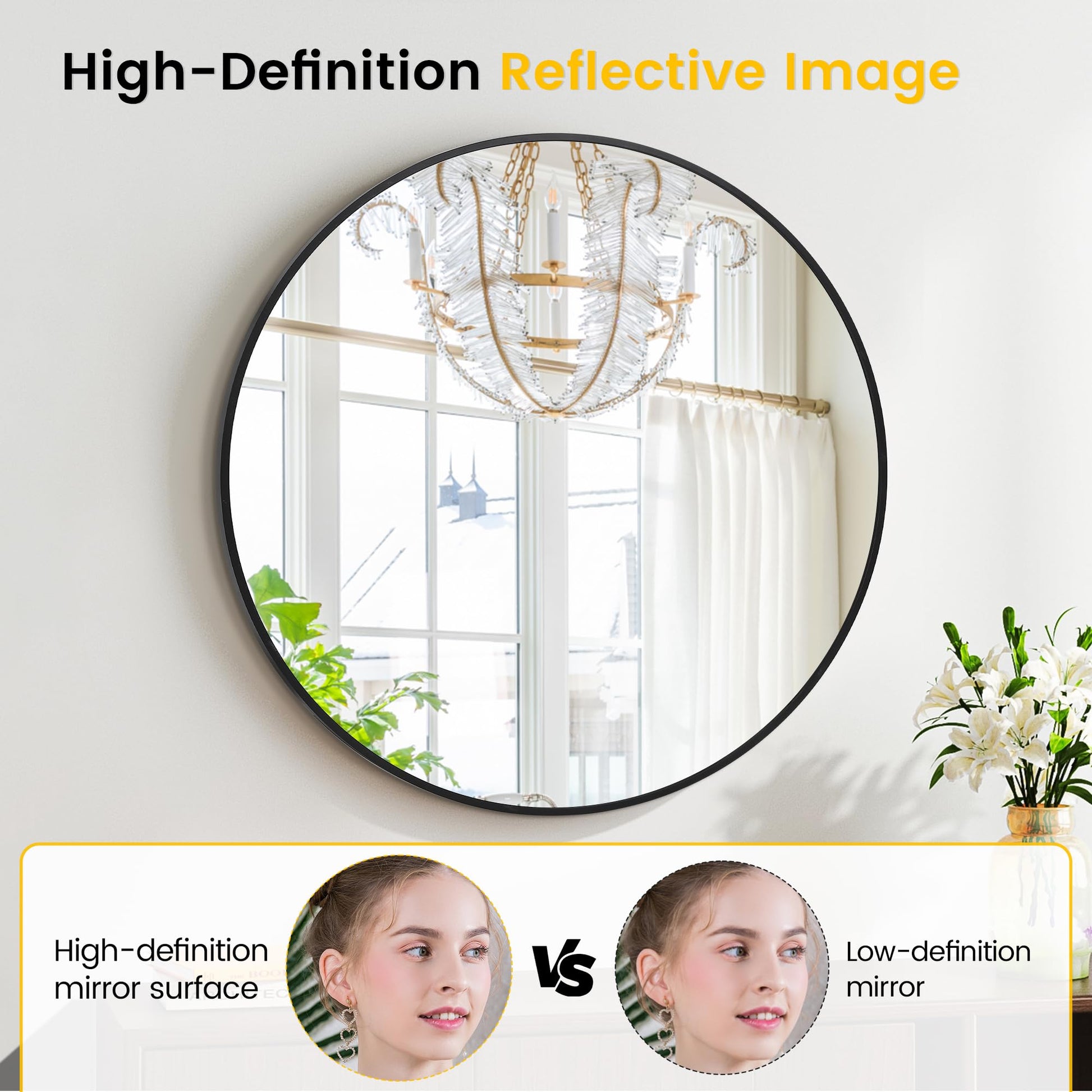 Miroir mural rond noir Garvee 91 cm (36 pouces), cadre en métal, verre 5 mm, style moderne, idéal pour salle de bain et salon.