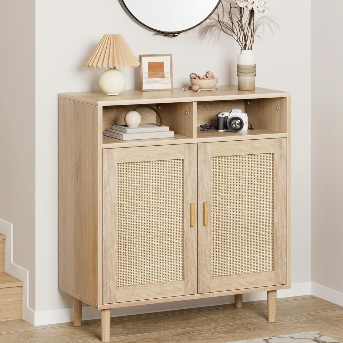 Buffet moderne en rotin Garvee 91 cm (36 po) - Tressé à la main, anti-basculement, étagère réglable, meuble de cuisine et de salle à manger, multifonctionnel, couleurs naturelles