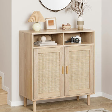 Buffet moderne en rotin Garvee 91 cm (36 po) - Tressé à la main, anti-basculement, étagère réglable, meuble de cuisine et de salle à manger, multifonctionnel, couleurs naturelles