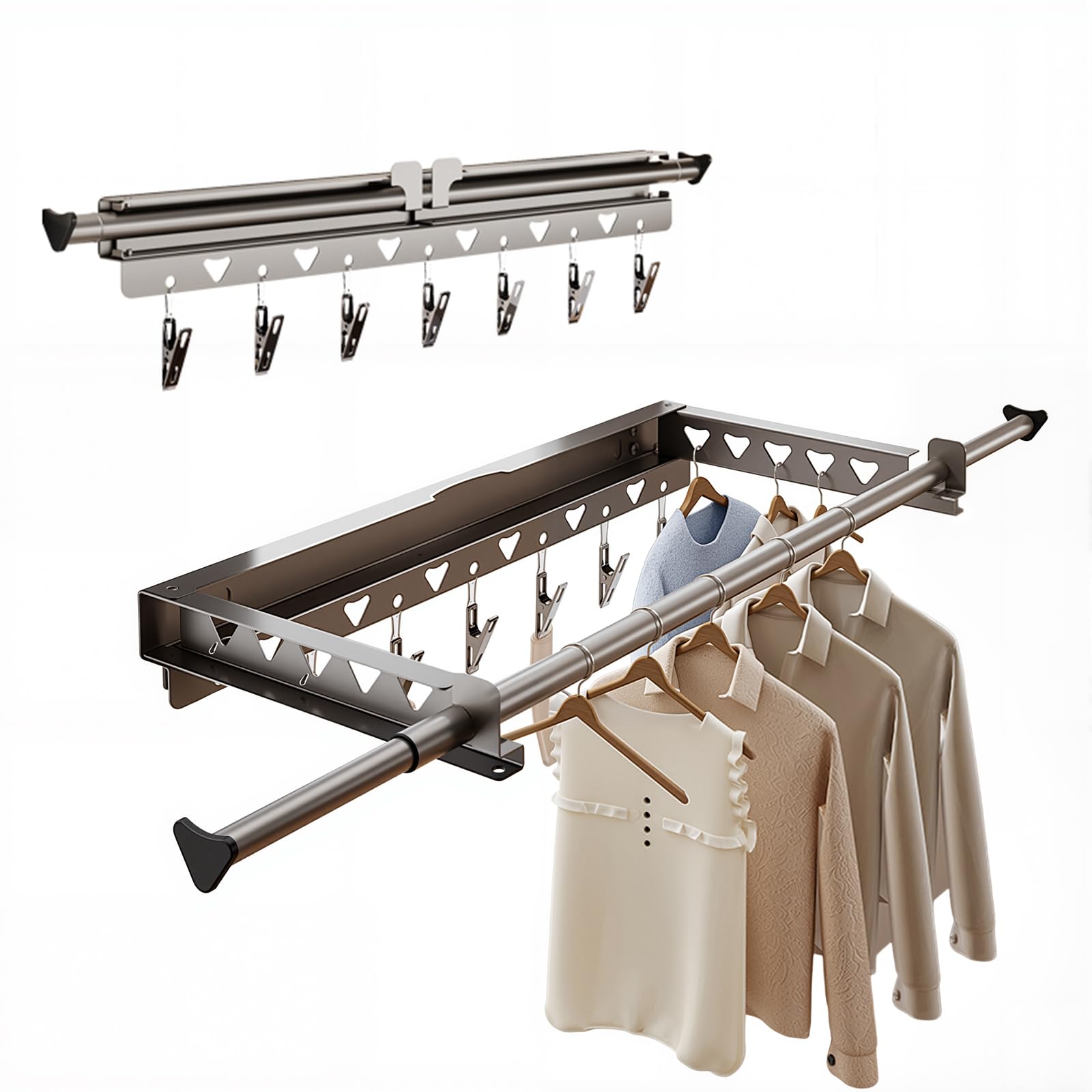 Étendoir à linge mural pliable Garvee, en acier inoxydable, gain de place, pour balcon et terrasse, longueur télescopique 103,2–151,2 cm, gris