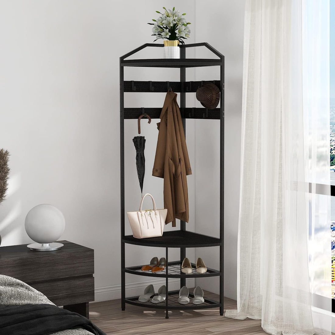 Garvee Porte-manteau d'angle avec rangement, métal, protection anti-basculement, étagères en maille, autoportant, noir pour couloir et chambre