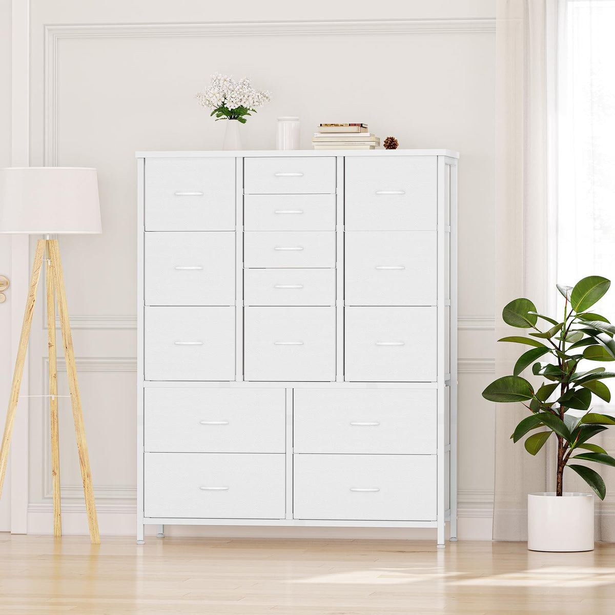 Garvee commode à 15 tiroirs avec plateau en bois, structure en métal et tiroirs en tissu, idéale pour la chambre et l'entrée, polyvalente et robuste, grise