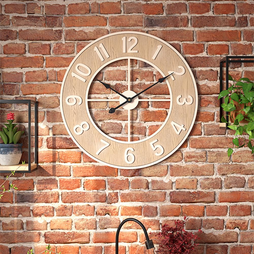 Horloge murale silencieuse GARVEE grand format 60 cm, style moderne imitation bois, résistante aux intempéries, idéale pour la cuisine, le salon, le bureau ou le bar.