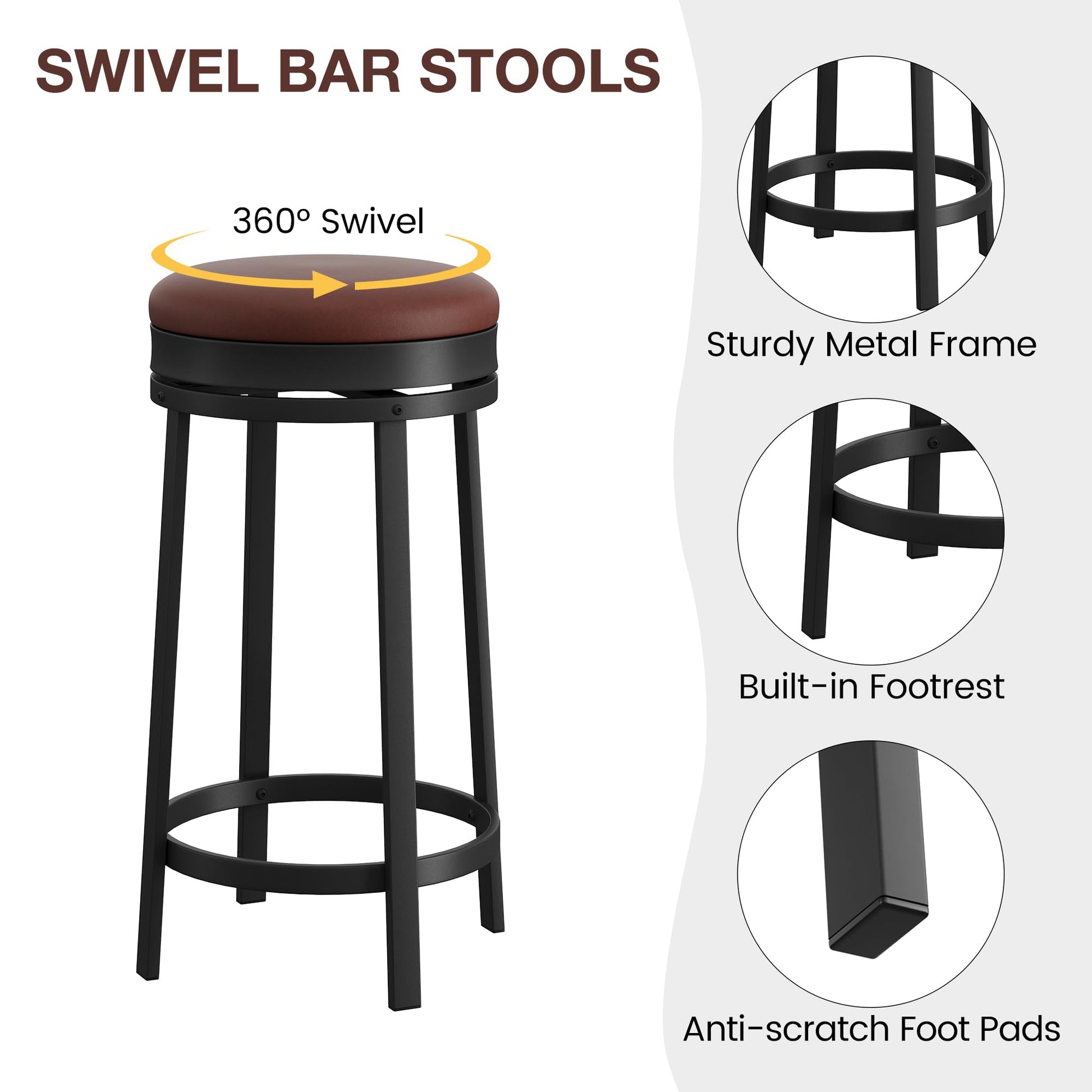 Ensemble de 4 tabourets de bar pivotants Garvee 61 cm (24 po) - Revêtement en similicuir, structure en métal, repose-pieds, dossier - Idéal pour îlot de cuisine, bar ou café - Marron