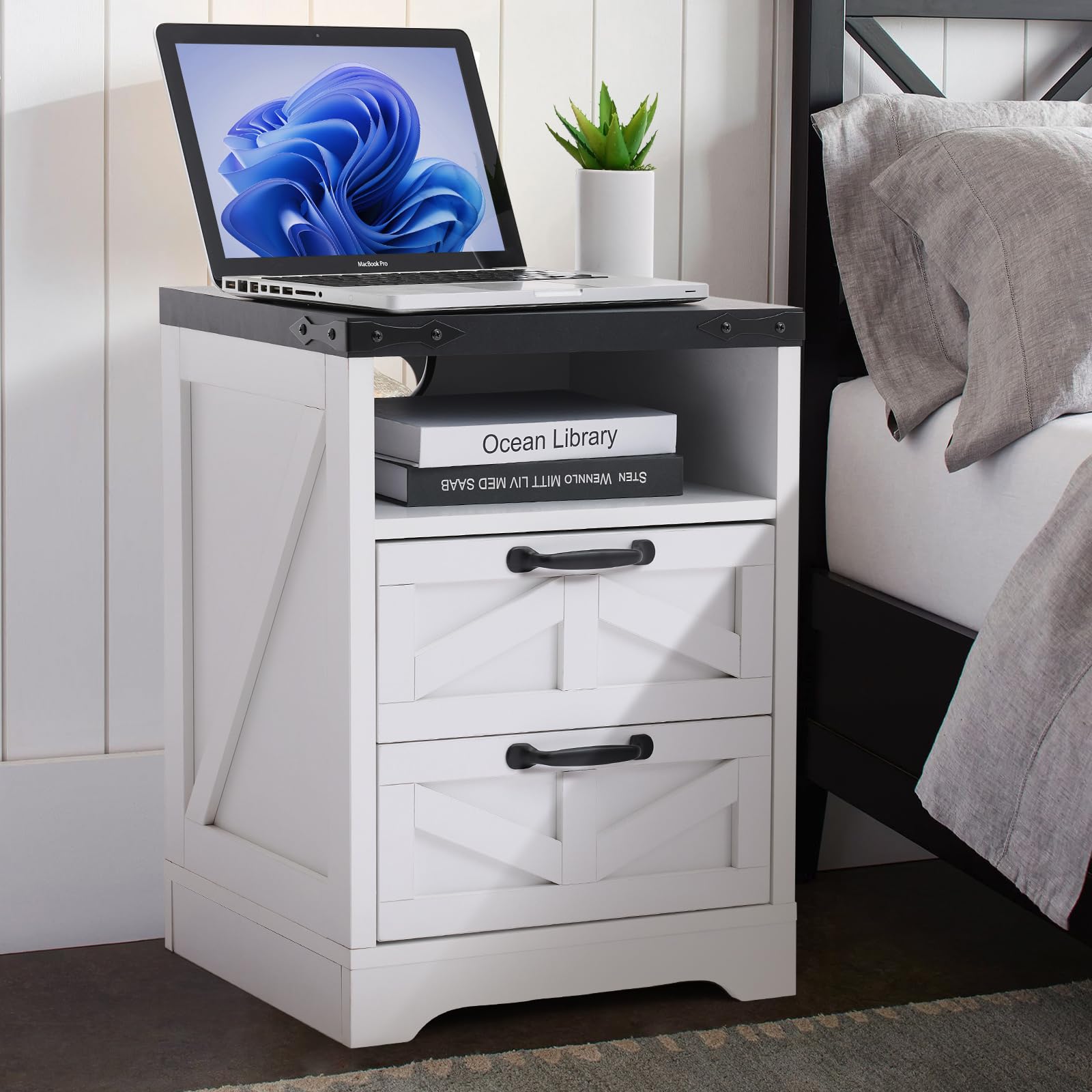 Table de chevet Garvee style ferme avec station de chargement USB, 2 tiroirs, bois massif, blanc, style industriel, chambre