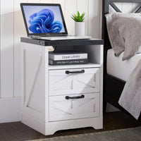 Table de chevet Garvee style ferme avec station de chargement USB, 2 tiroirs, bois massif, blanc, style industriel, chambre
