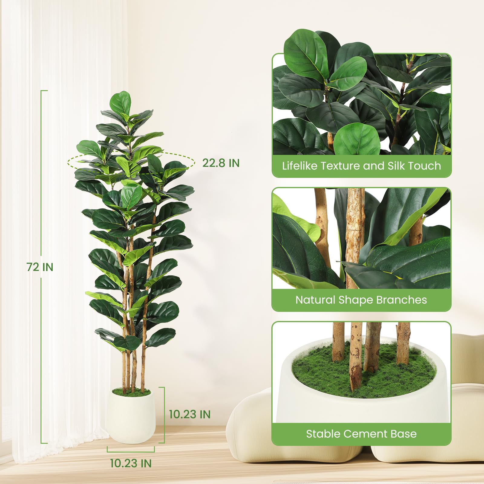 Garvee Ficus Lyrata artificiel 183 cm, feuillage vert réaliste, pot blanc et tronc en bois naturel, décoration intérieure