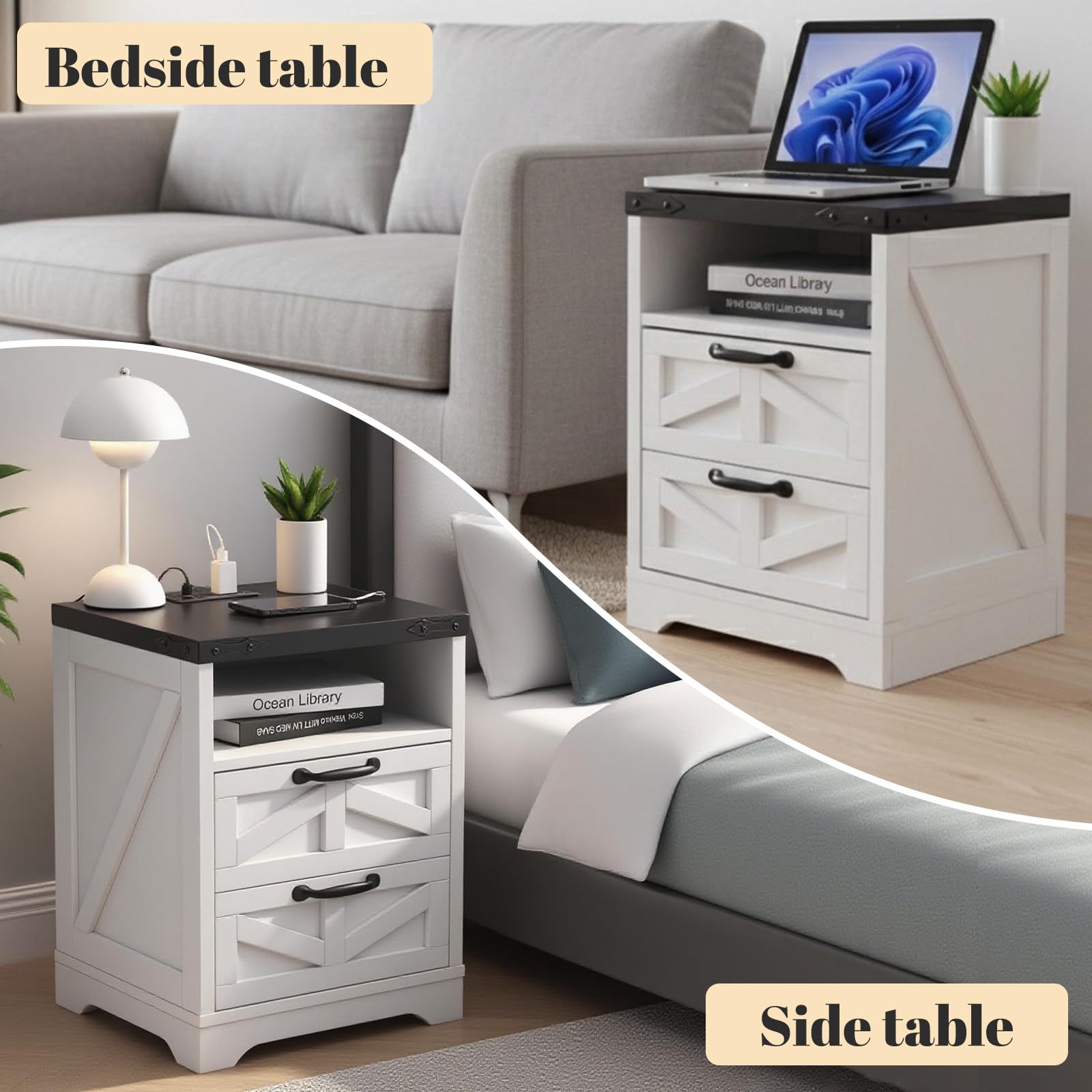 Table de chevet Garvee style ferme avec station de chargement USB, 2 tiroirs, bois massif, blanc, style industriel, chambre