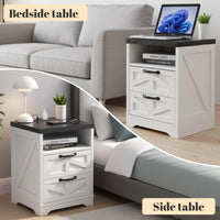 Table de chevet Garvee style ferme avec station de chargement USB, 2 tiroirs, bois massif, blanc, style industriel, chambre