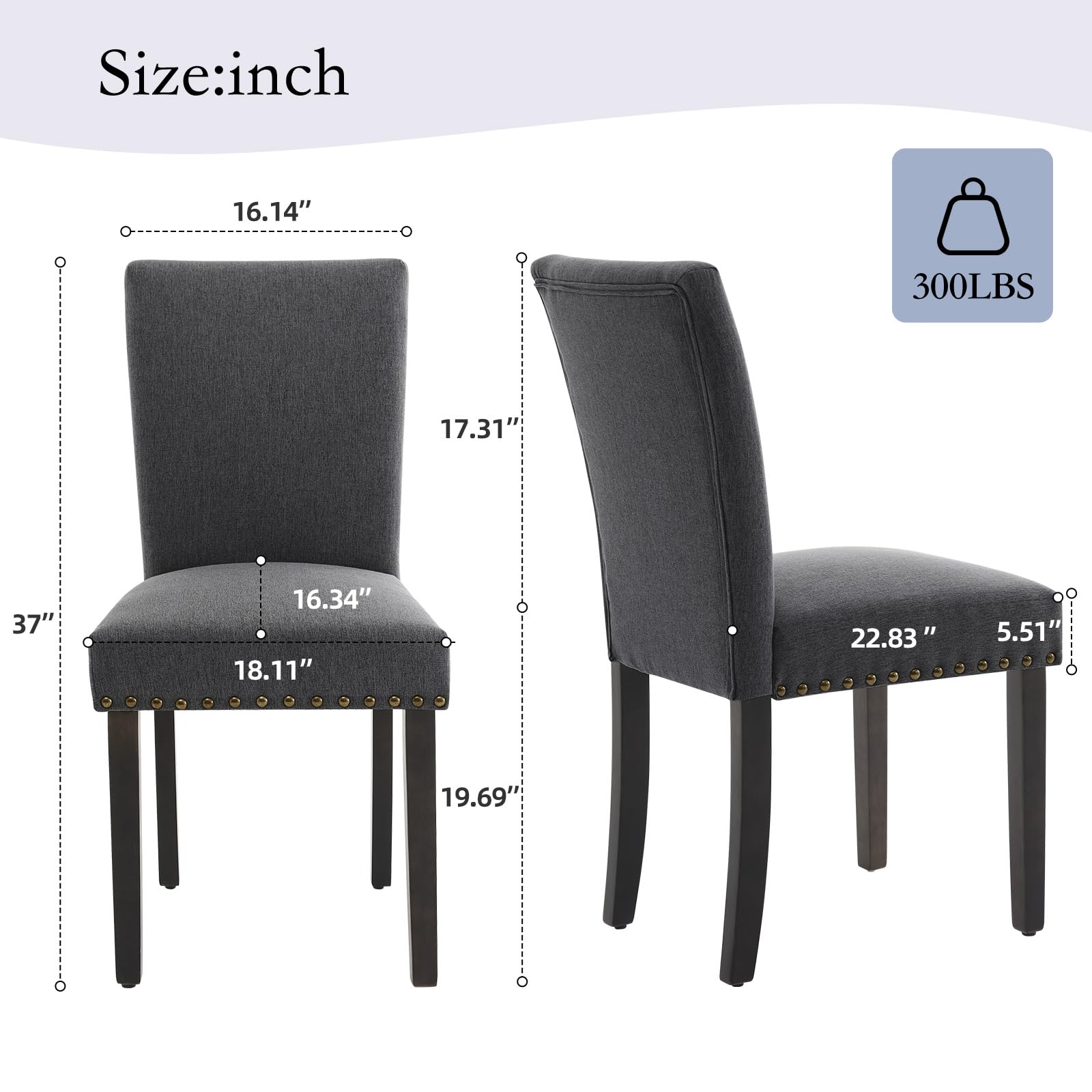 Ensemble de 2 chaises de salle à manger Garvee, revêtues de tissu et décorées de clous décoratifs. Ergonomiques et robustes, elles sont en bois d'hévéa gris foncé et conviennent aussi bien à la salle à manger qu'au salon.