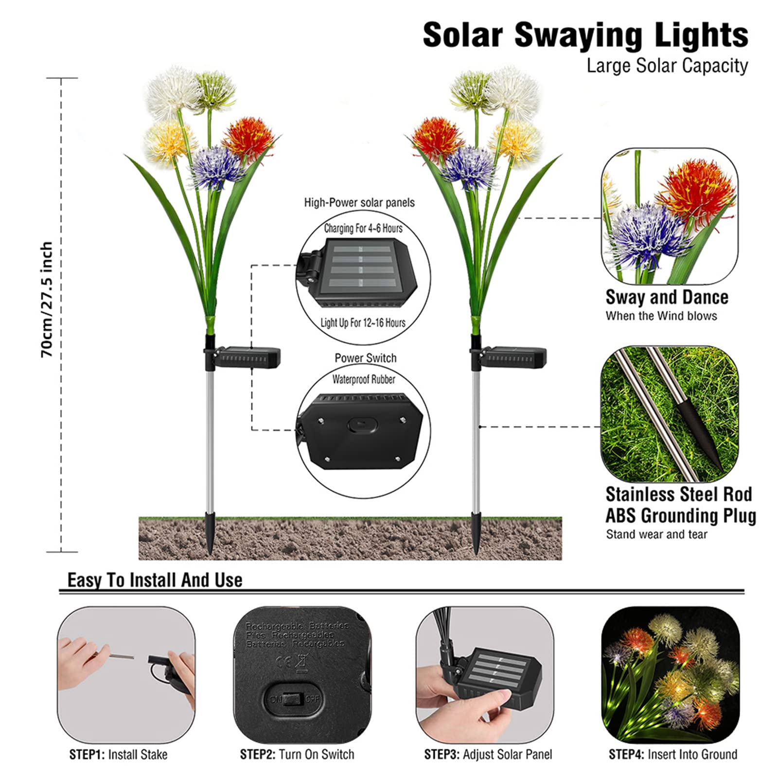 Lampes solaires de jardin Garvee, 5 têtes LED, motif pissenlit, étanches IP65, blanc chaud, en métal, éclairage extérieur, éclairage de chemin, éclairage de cour