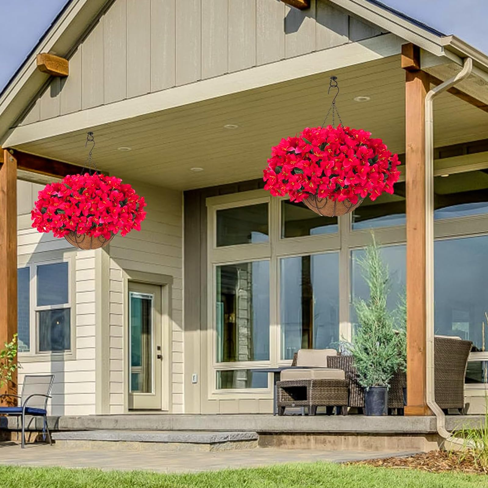 Ensemble de bougainvilliers artificiels Garvee avec panier pour jardin et terrasse, résistant aux intempéries et aux UV, rouge et vert