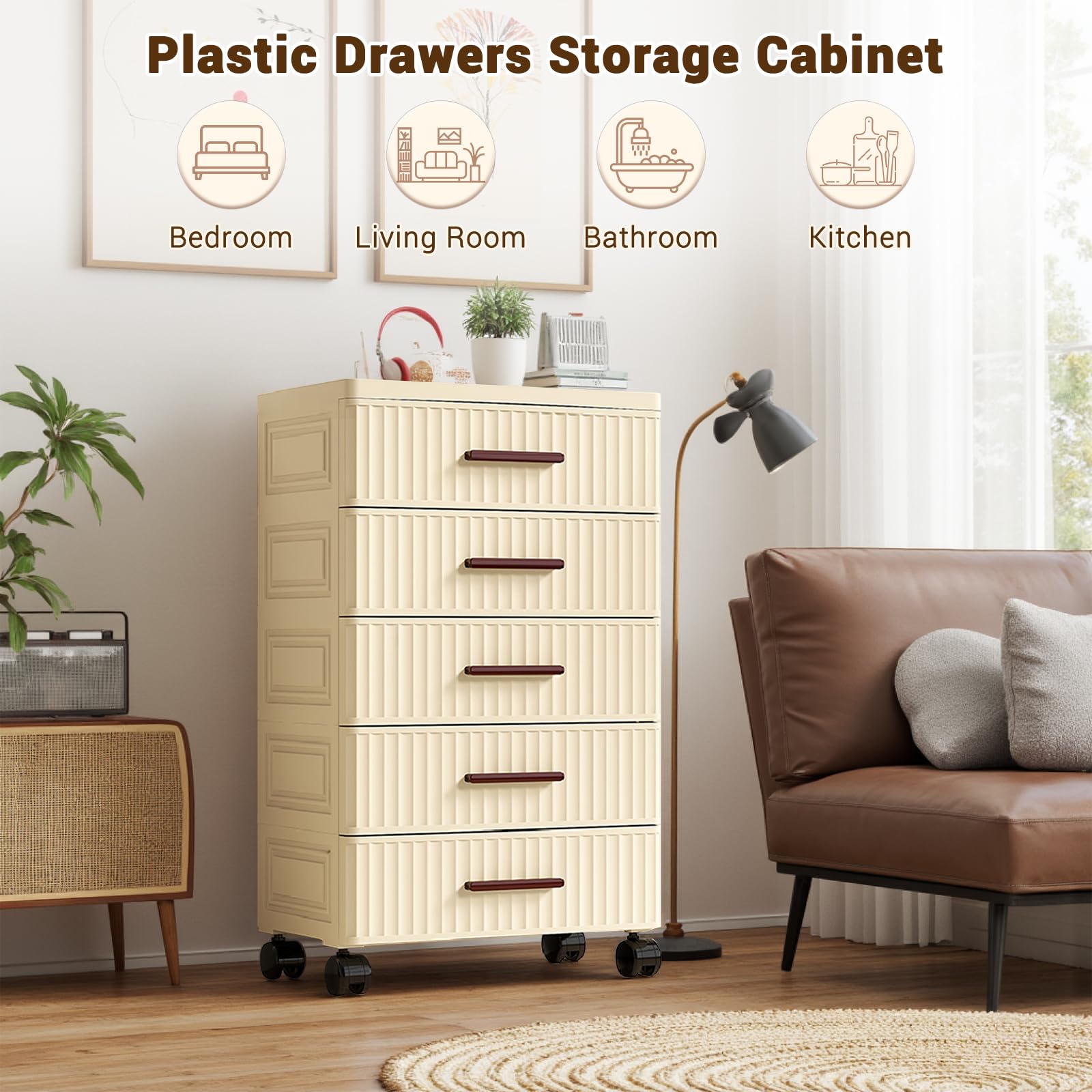 Garvee Meuble de rangement multifonctionnel à 5 tiroirs, roulettes, plastique, couleur crème, 48cm, pour chambre et salon