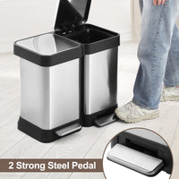 Poubelle double Garvee en acier inoxydable 2 x 20 L avec couvercle à fermeture douce à pédale, rectangulaire, argentée