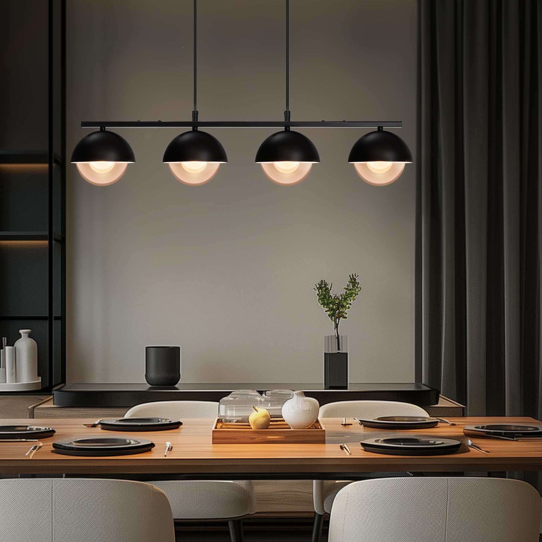Suspension Garvee moderne à 4 lumières pour table à manger, en métal noir, hauteur réglable, style industriel rétro, pour salles à manger et cafés