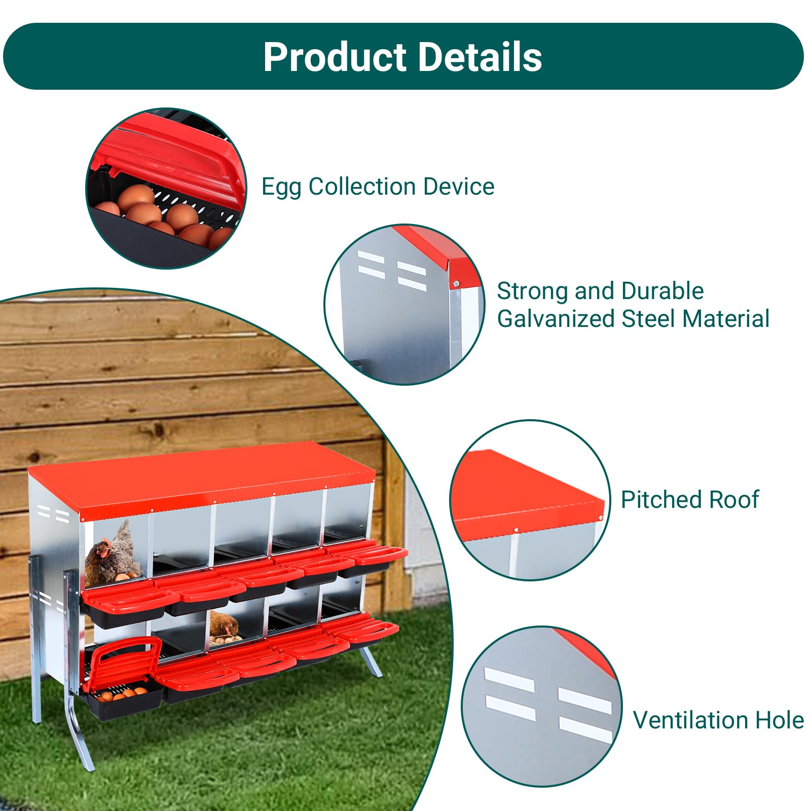 Garvee Pondoir pour Poules 10 Compartiments avec Support Métallique, Acier Galvanisé 0,7 mm, Couvercle Émaillé et Bacs en Plastique Antirouille, Montage Facile, Rouge