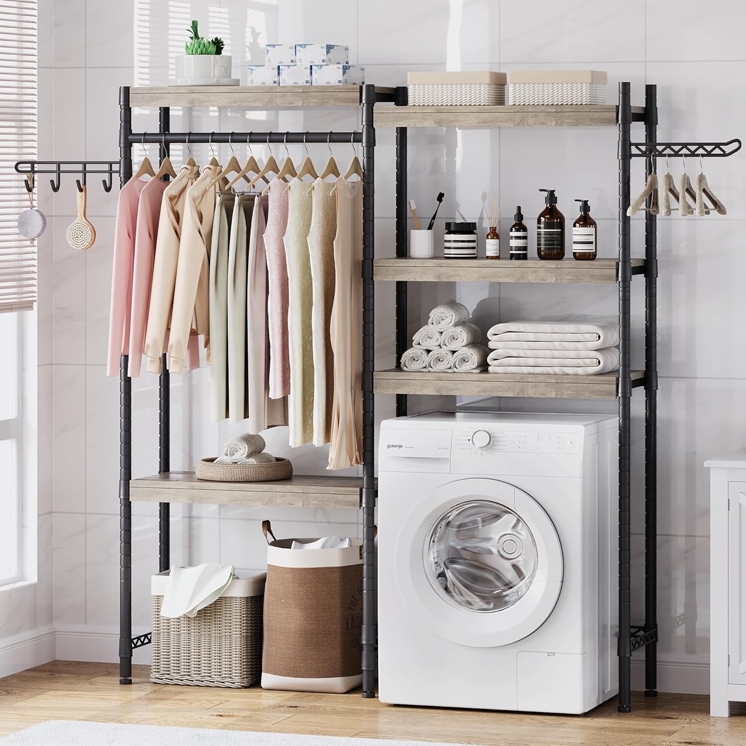 Étagère à lave-linge Garvee 30 pouces à 5 niveaux avec double couche, étagères en bois pour salle de bain et balcon, réglable, gris/noir