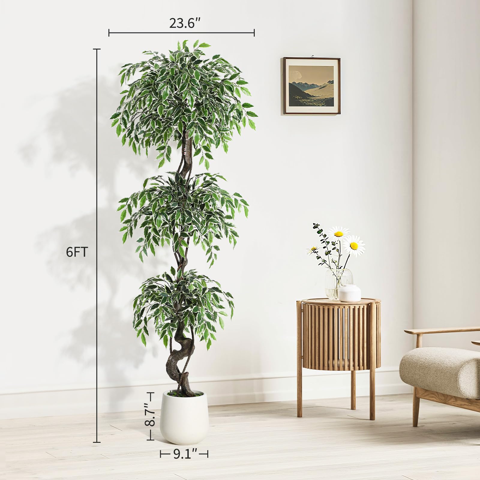 Garvee Ficus artificiel panaché blanc 180 cm en PE, feuillage réaliste et durable pour décoration intérieure et extérieure