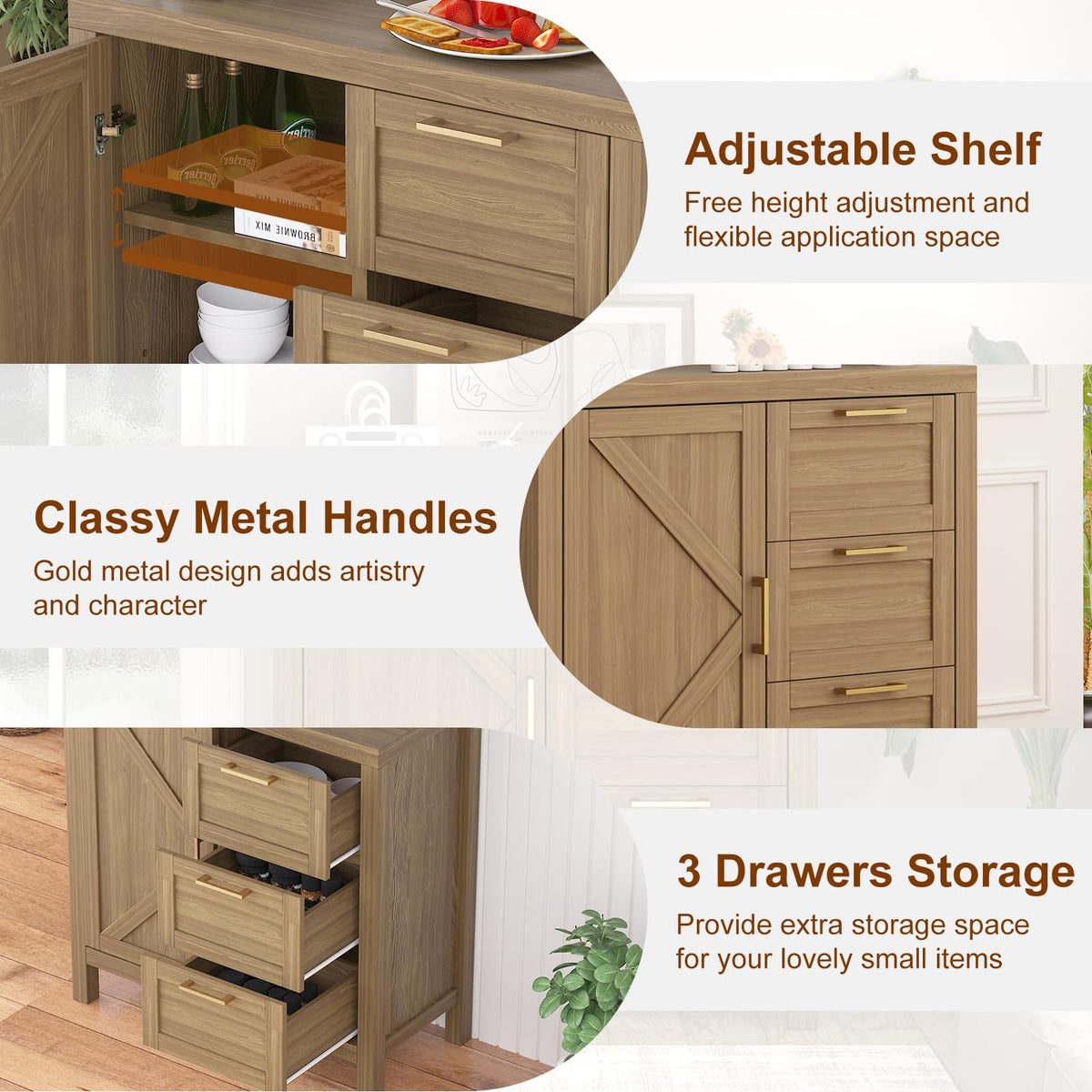 Garvee buffet avec espace de rangement, étagères réglables, MDF et bois massif, style campagne moderne, couleur or, idéal pour le salon et la cuisine