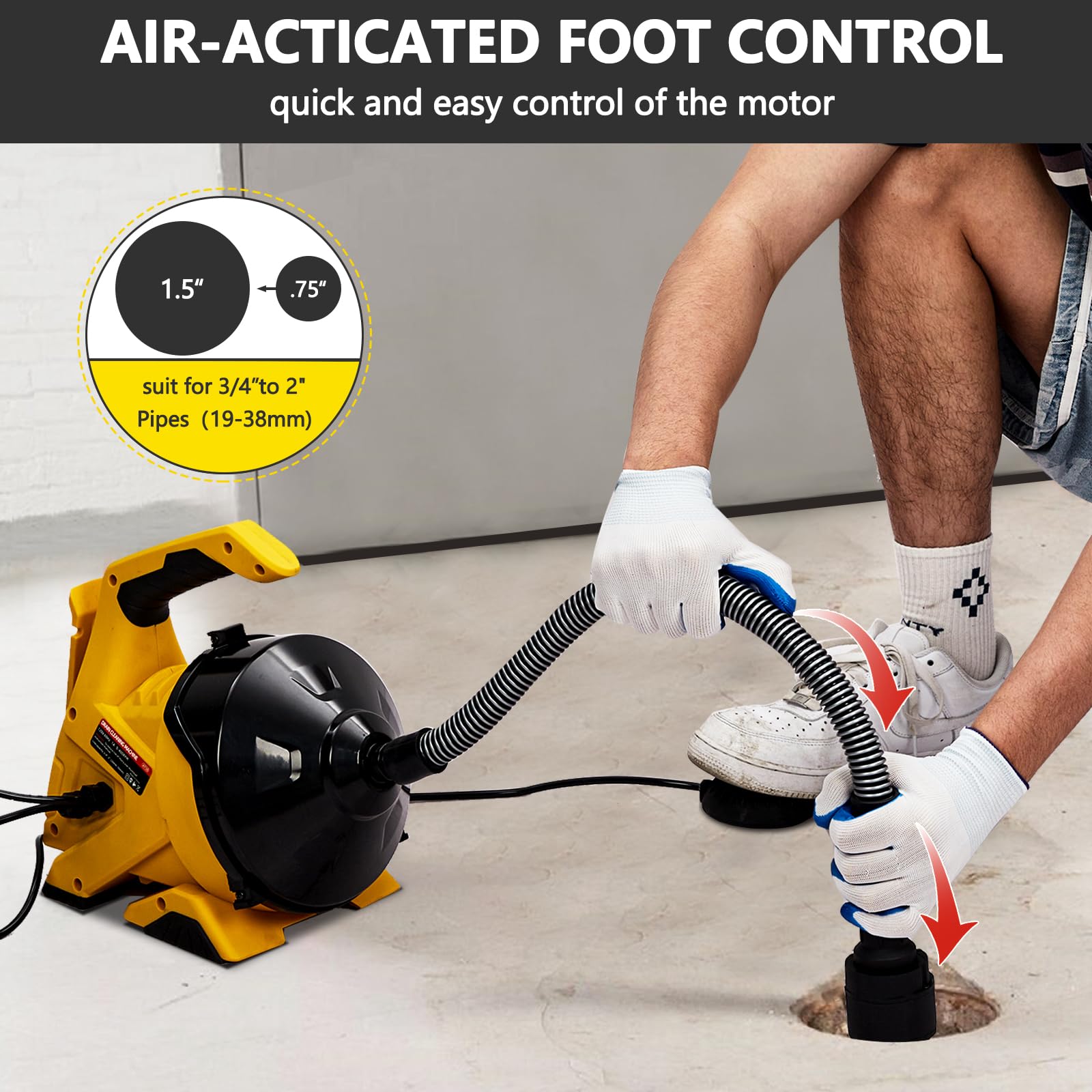 Garvee Déboucheur électrique 9 m x 7,6 mm à avance automatique, pour tuyaux 19–51 mm, câble acier, pédale, éviers, WC et évacuations de sol