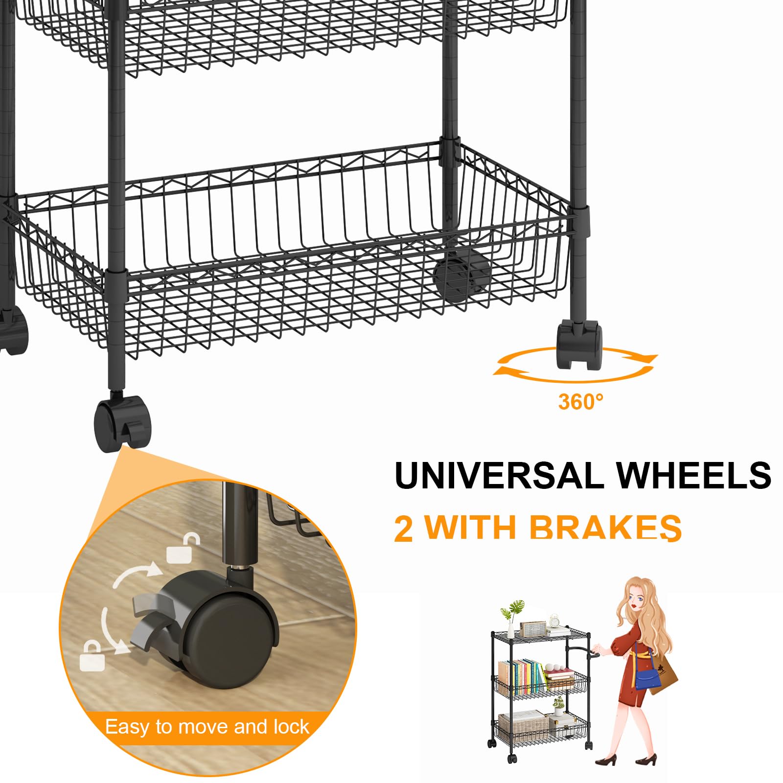 Garvee Chariot de rangement 3 niveaux à roulettes, étagères et paniers en métal chromé, avec poignées, pour cuisine, salle de bain, bureau et buanderie