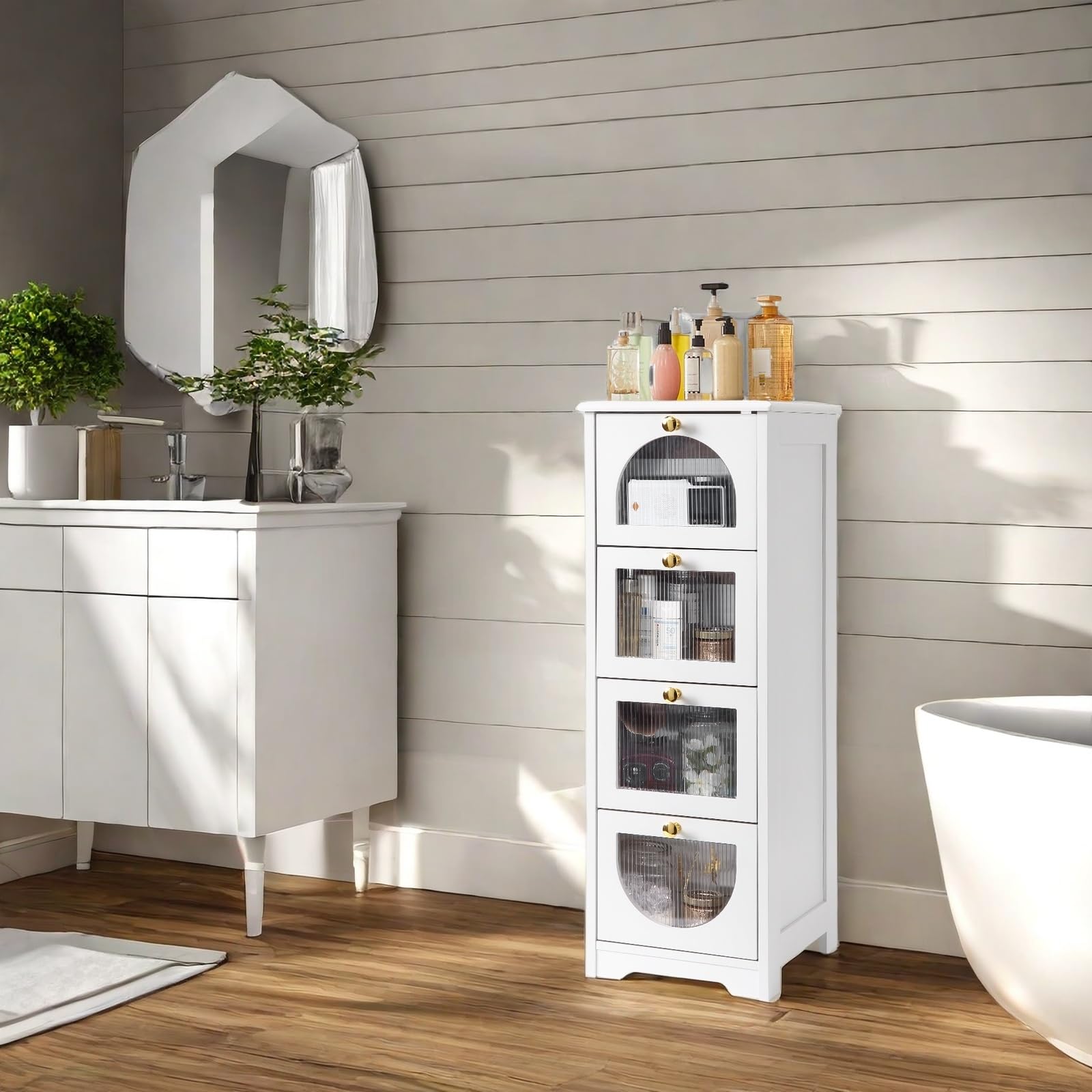 Meuble de salle de bain Garvee avec 4 tiroirs, imperméable, bois blanc, poignées dorées, compact pour salle de bain et salon, 30 x 30 x 84 cm