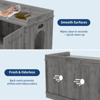 Meuble d'appoint moderne Garvee avec bac à litière dissimulé et porte coulissante, finition bois gris fumé, pour une utilisation intérieure.