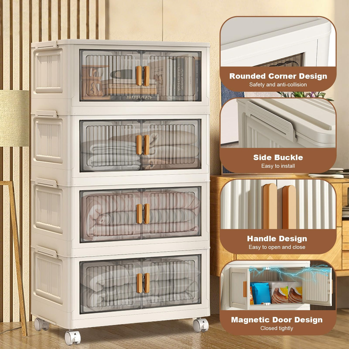 Garvee Boîtes de rangement empilables avec couvercles, roulettes, pliables, en plastique PP, robustes et mobiles, idéales pour la maison et le bureau.