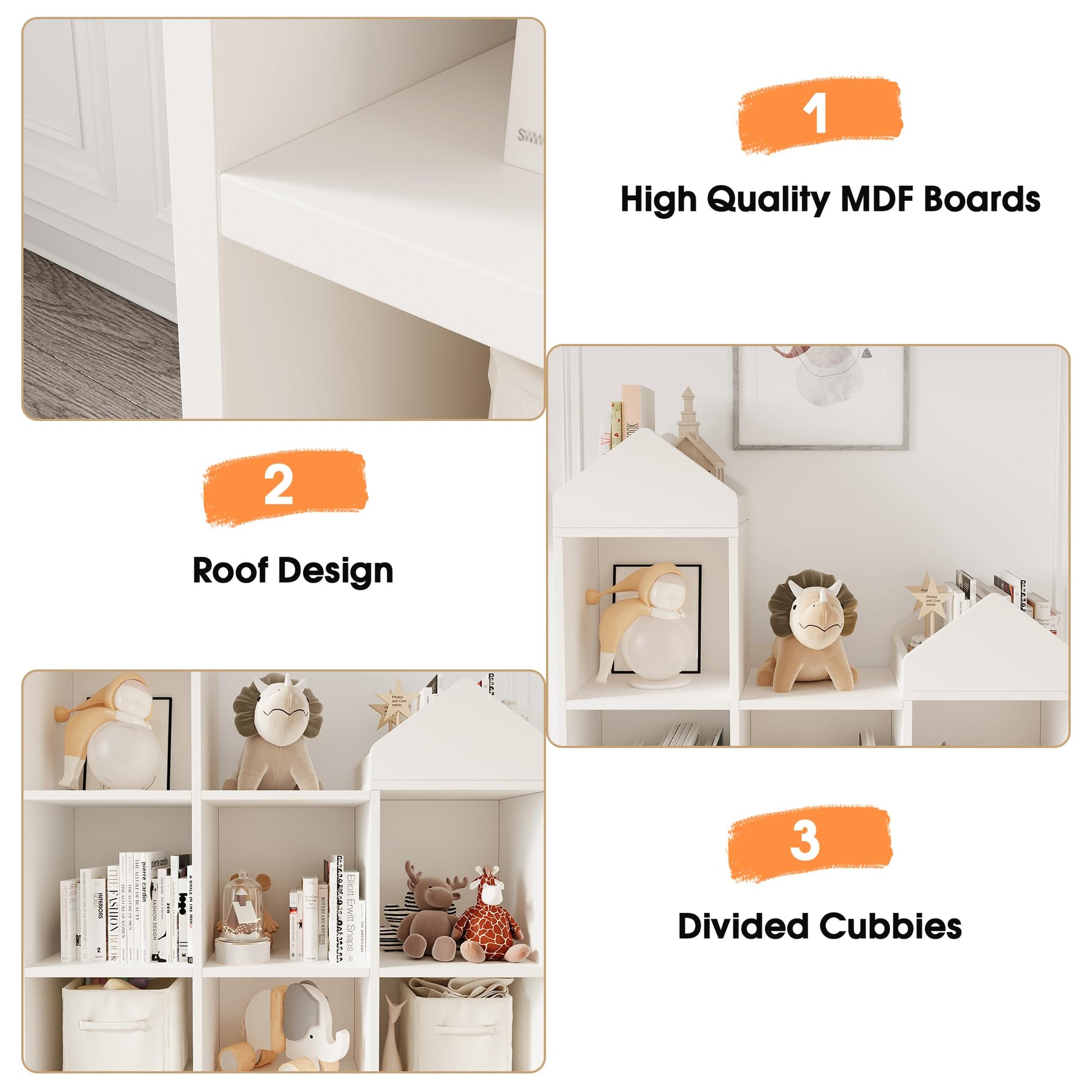 Étagère de rangement pour jouets Garvee, 7 compartiments, en forme de toit, robuste, en bois blanc, pour salle de jeux/chambre d'enfant, 107 x 91 x 30 cm