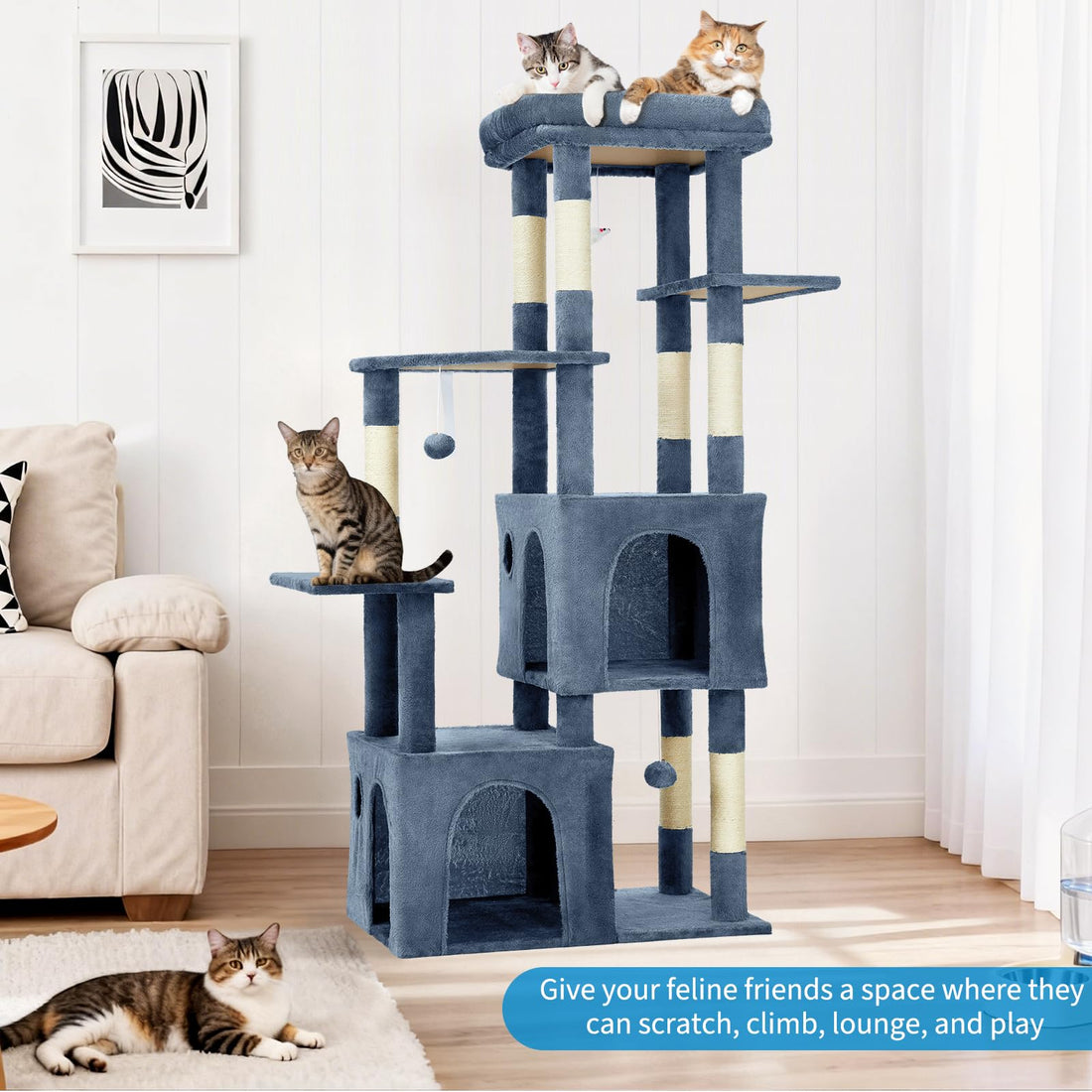 Garvee Arbre à Chat 155cm Multi-Niveaux pour Grands Chats et Maine Coon, Grande Plateforme, 2 Niches, Sisal Naturel, Intérieur